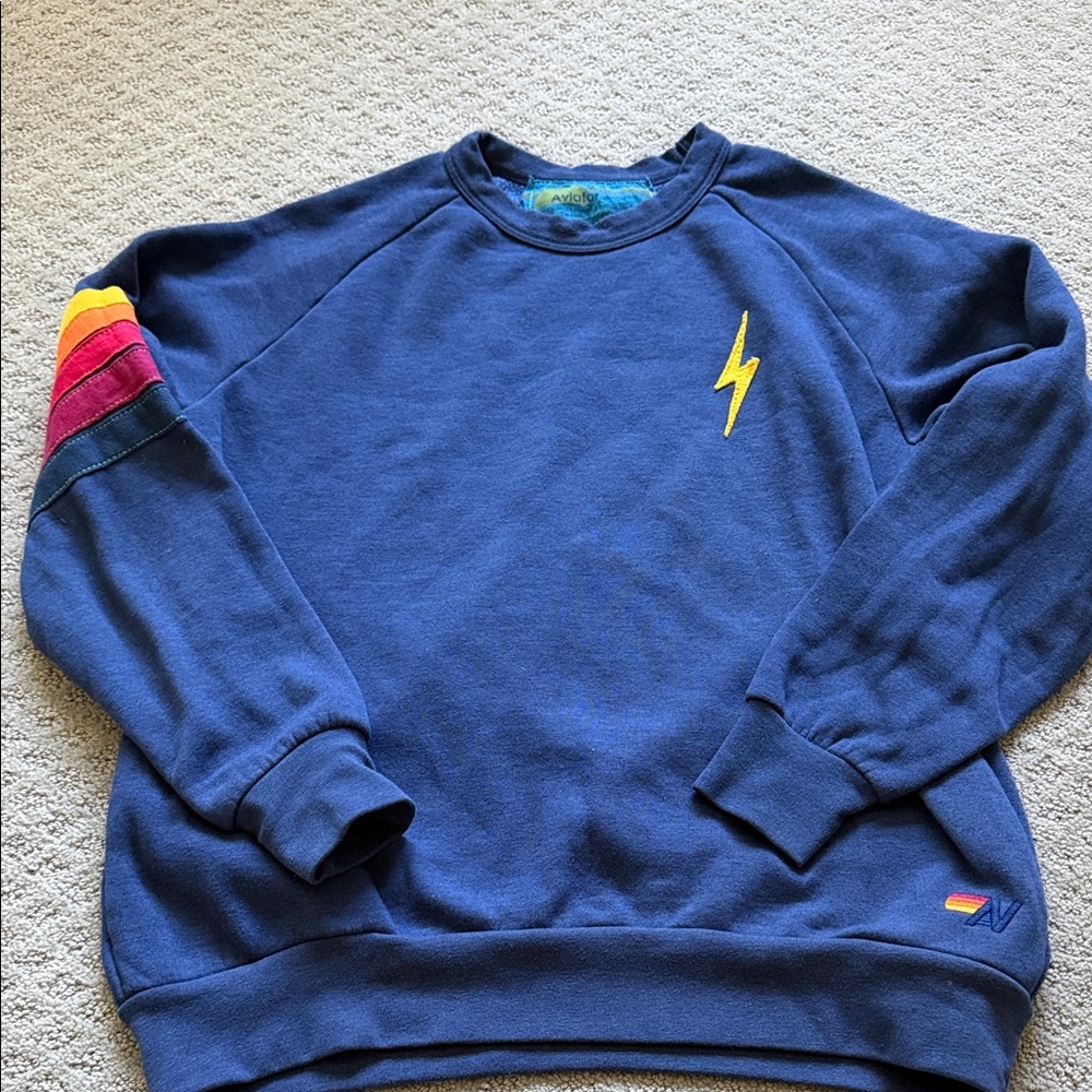 Aviator Nation Blue Crewneck with Multicolor Sleeve